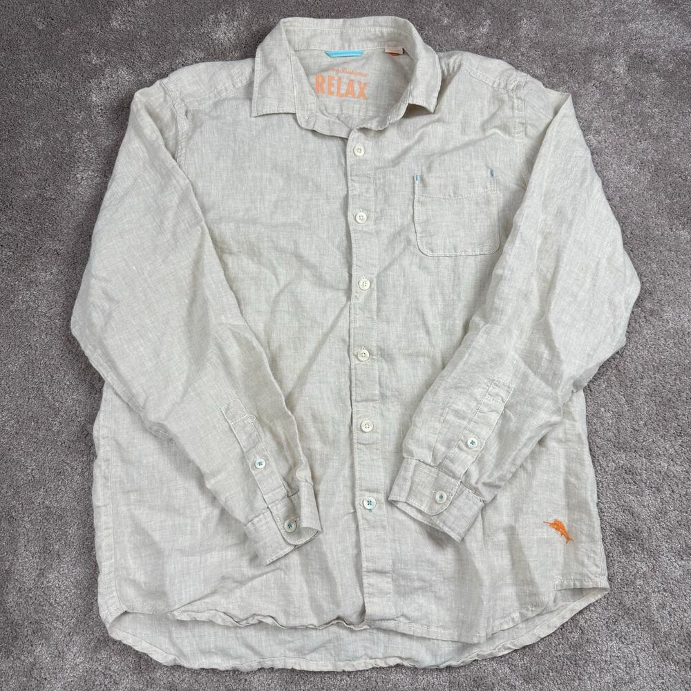 Tommy Bahama Relax Shirt Size L 100% Linen Beige Button Up Beach Resort Casual